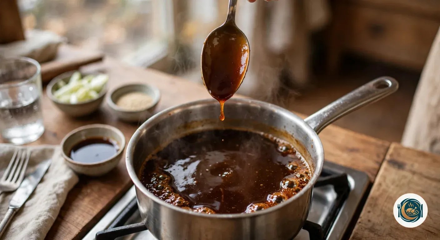 Salsa tare brillante cubriendo el dorso de una cuchara sobre un cazo