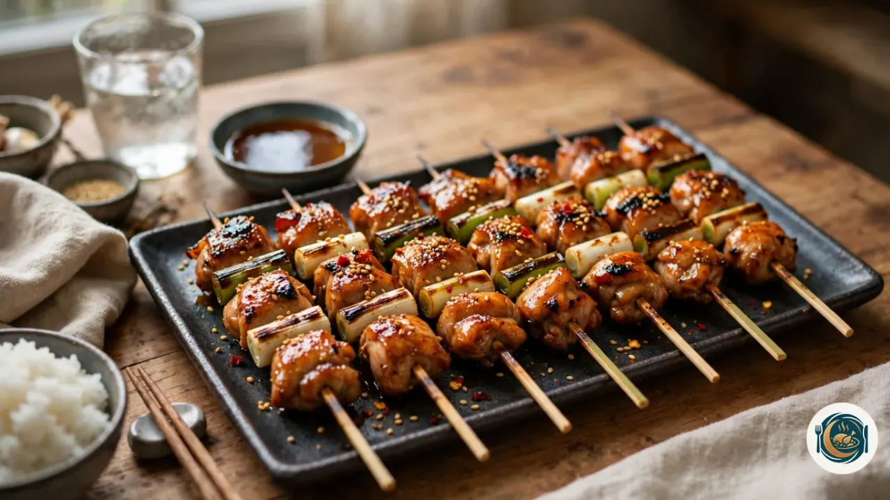 Brochetas de pollo yakitori glaseadas con cebolleta y sésamo sobre una bandeja