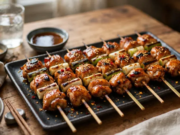 Brochetas de pollo yakitori glaseadas con cebolleta y sésamo sobre una bandeja