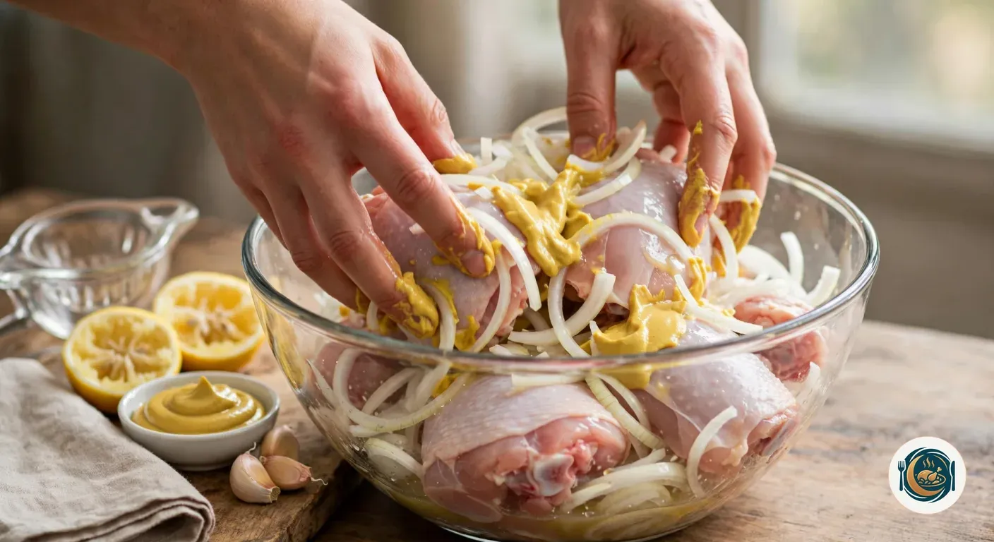 Manos mezclando pollo crudo con cebolla en juliana, mostaza y limón en un bol de vidrio