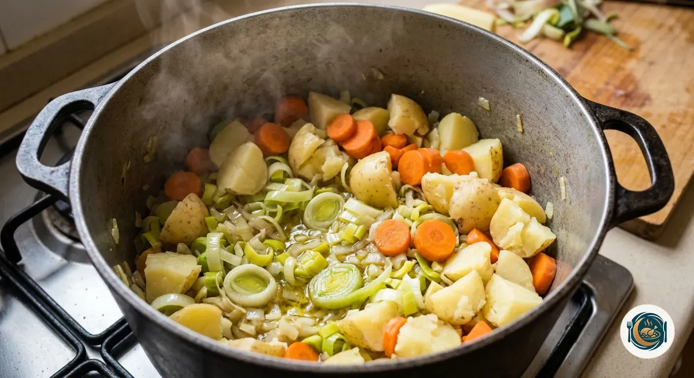 Olla de porrusalda con el puerro pochado, la patata cascada y la zanahoria antes de cubrir con caldo