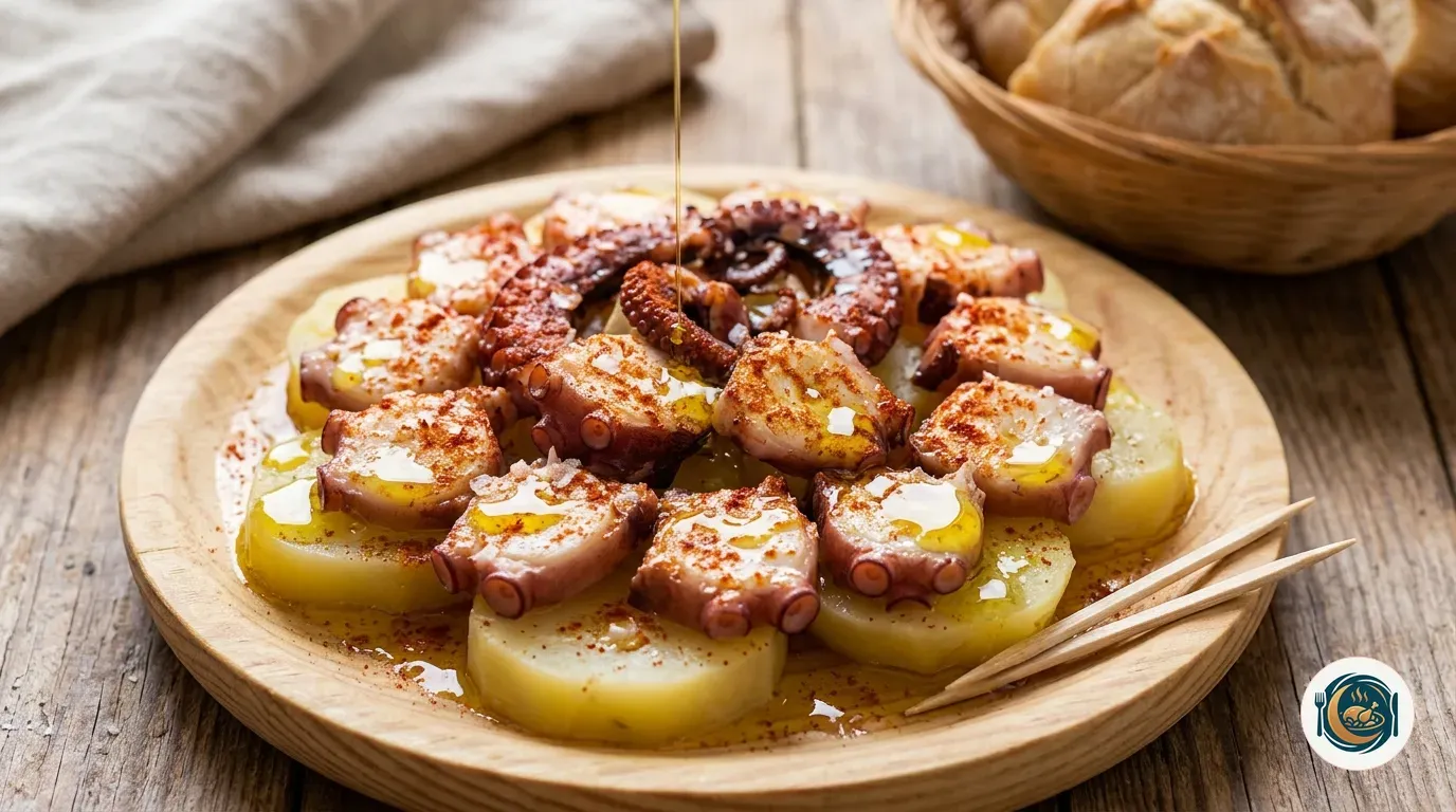 Pulpo a la gallega recién aliñado con pimentón y aceite sobre un plato de madera