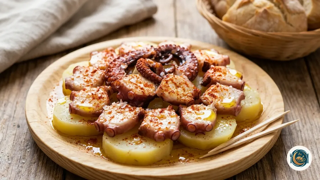 Plato de madera con pulpo a la gallega sobre patata, pimentón y aceite