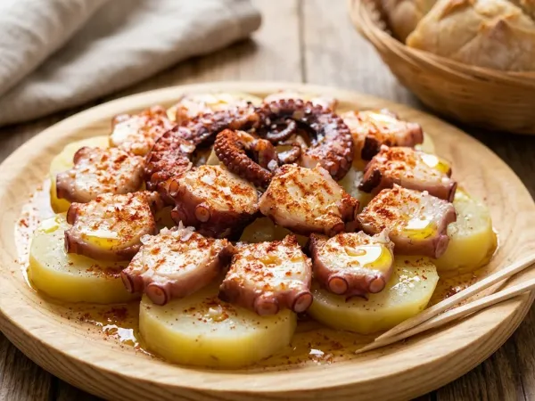 Plato de madera con pulpo a la gallega sobre patata, pimentón y aceite