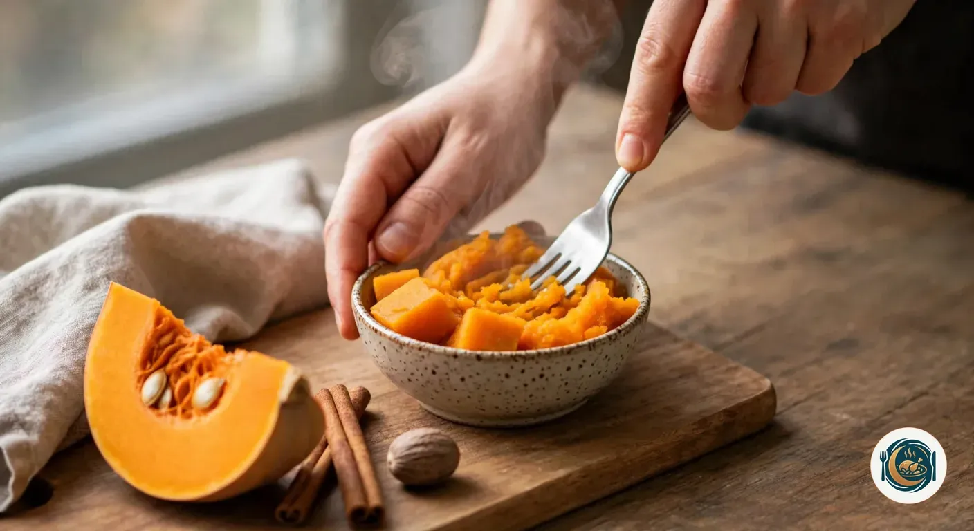 Manos aplastando calabaza cocida con un tenedor en un cuenco