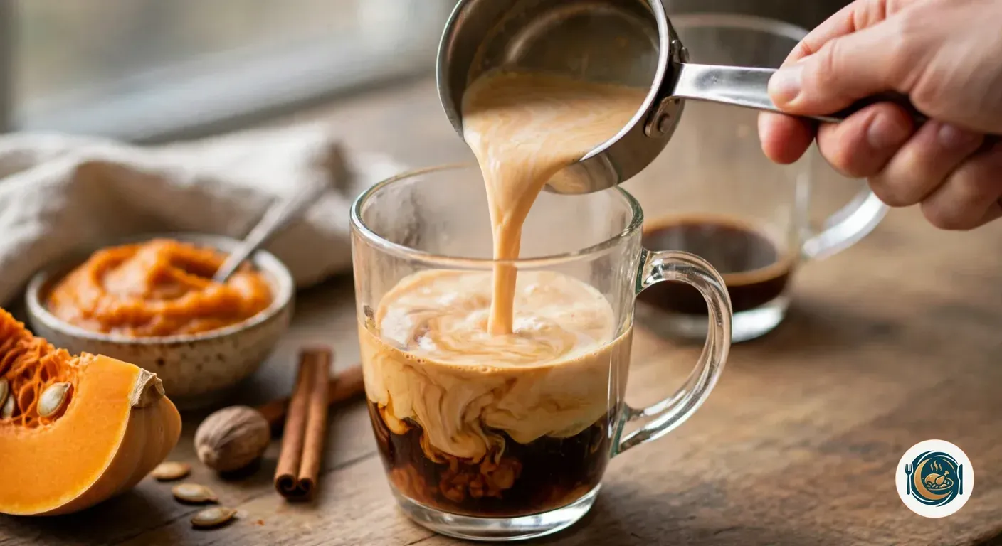 Leche de calabaza con especias vertida sobre el café en una taza