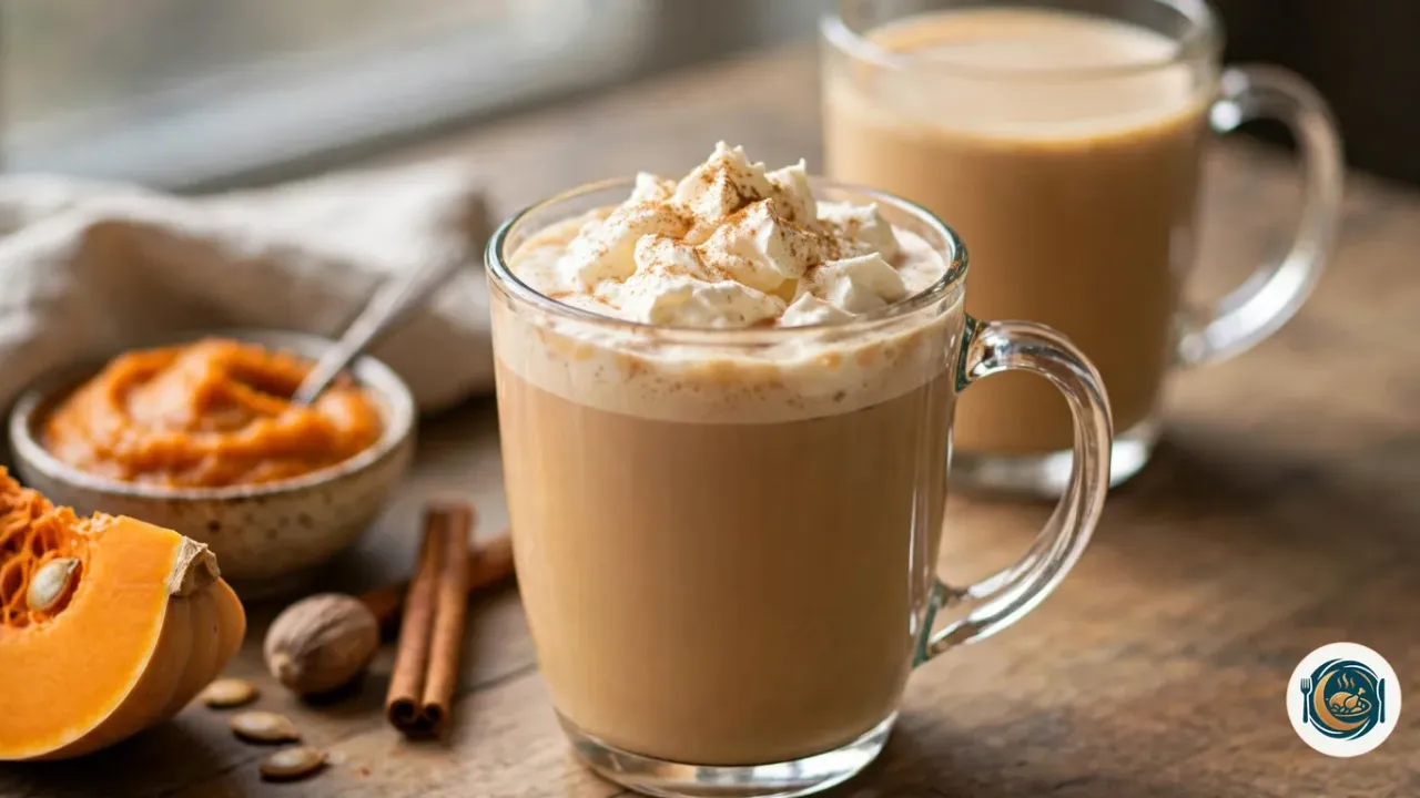 Taza de pumpkin spice latte con nata y canela junto a una calabaza