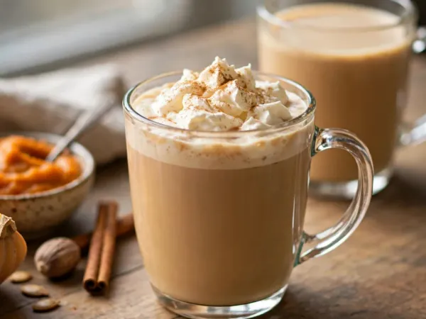 Taza de pumpkin spice latte con nata y canela junto a una calabaza