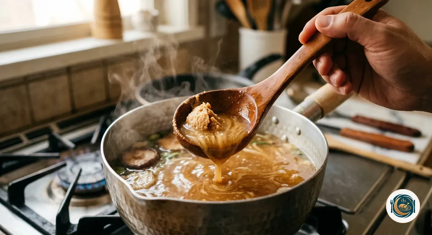 Caldo de ramen casero con el miso disolviéndose en el cucharón