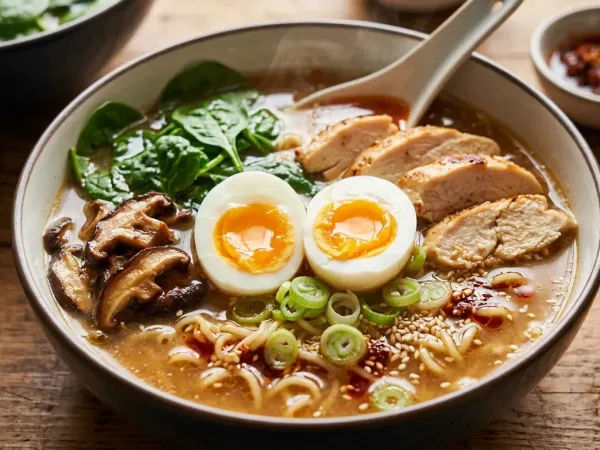 Bol de ramen casero con caldo de miso, pollo laminado, huevo de yema cremosa, setas y cebolleta