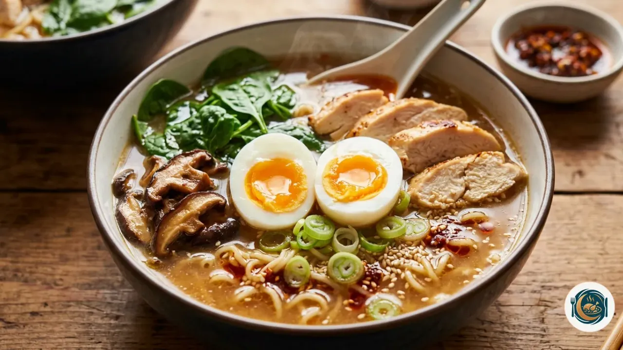 Bol de ramen casero con caldo de miso, pollo laminado, huevo de yema cremosa, setas y cebolleta