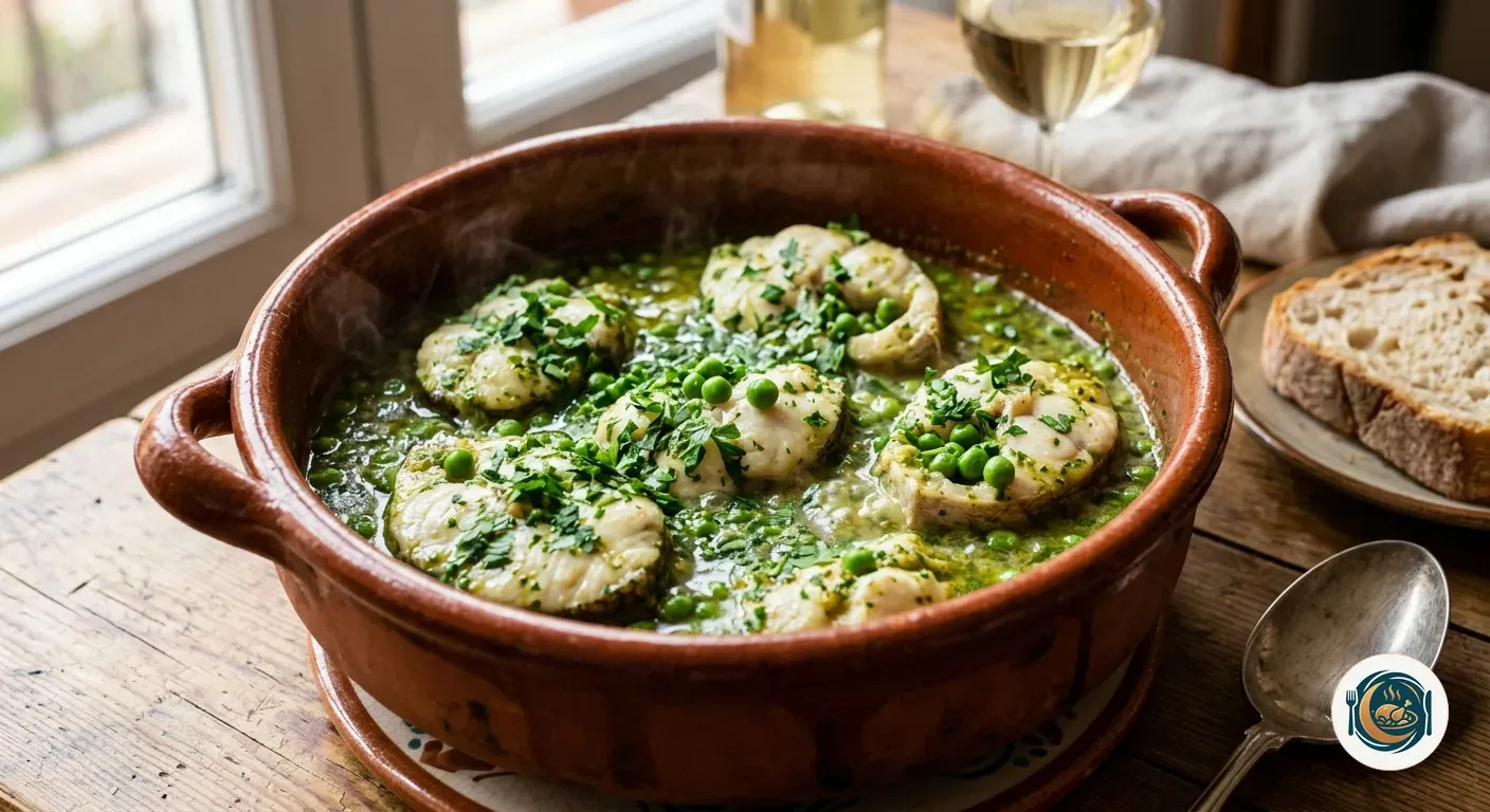 Cazuela de rape en salsa verde con perejil y guisantes