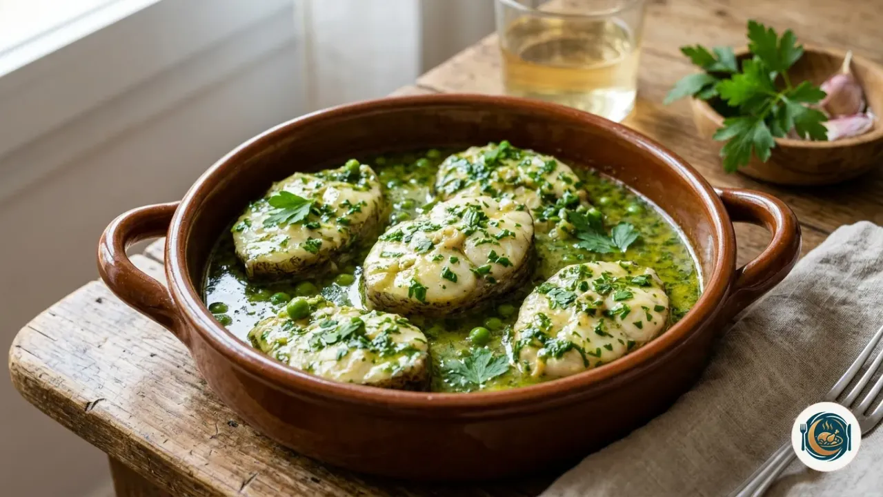 Cazuela de rape en salsa verde con ajo, perejil y guisantes