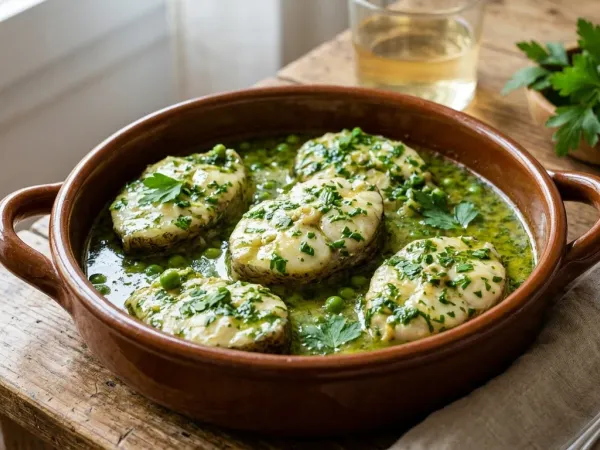 Cazuela de rape en salsa verde con ajo, perejil y guisantes