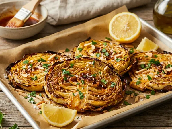 Filetes de repollo asado dorados en una bandeja de horno con limón