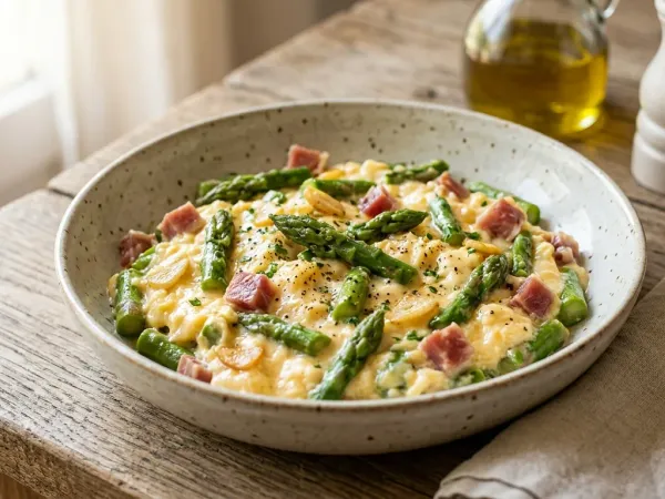 Revuelto de espárragos trigueros con taquitos de jamón servido en un plato hondo