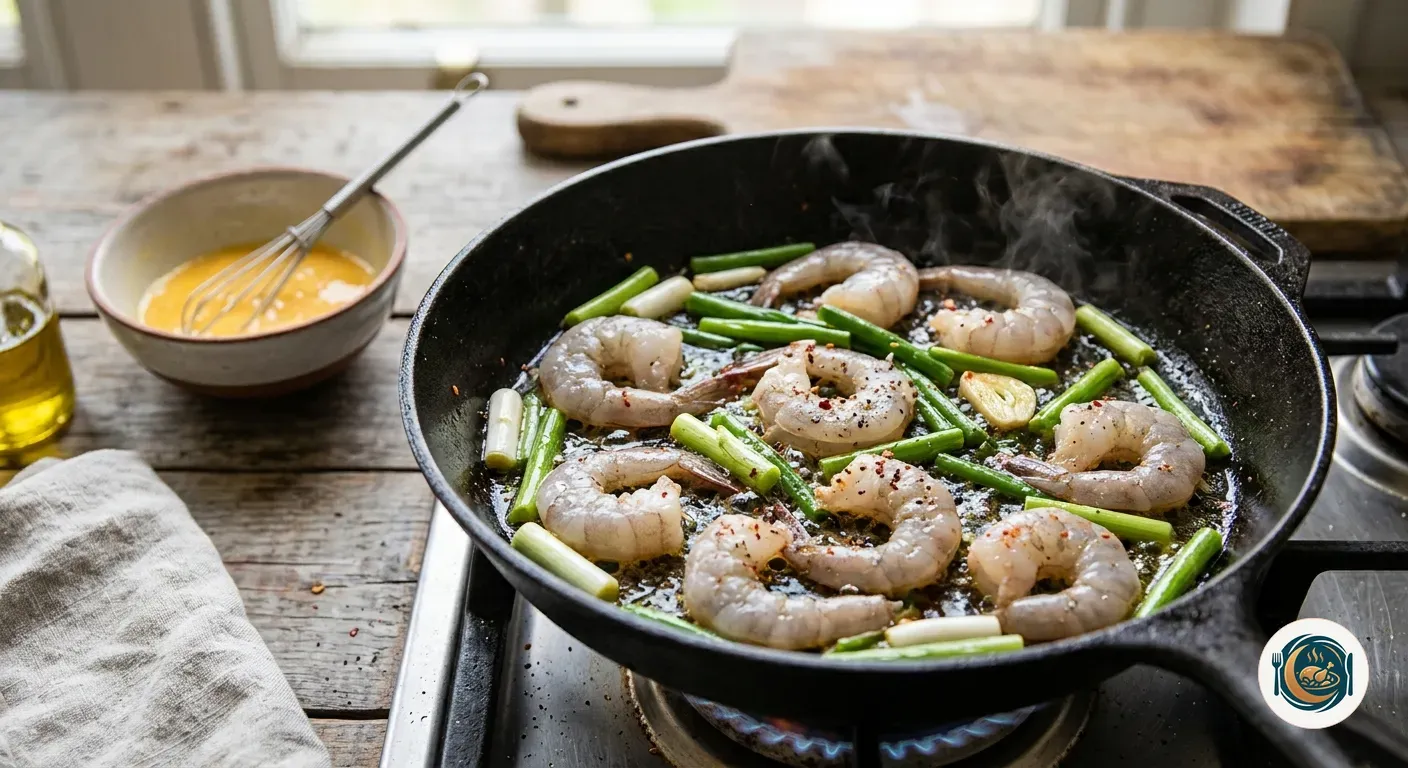 Gambas y ajos tiernos salteándose en una sartén antes de añadir el huevo batido