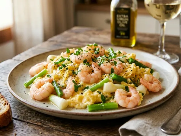 Revuelto de gambas y ajos tiernos cremoso servido en un plato con perejil picado