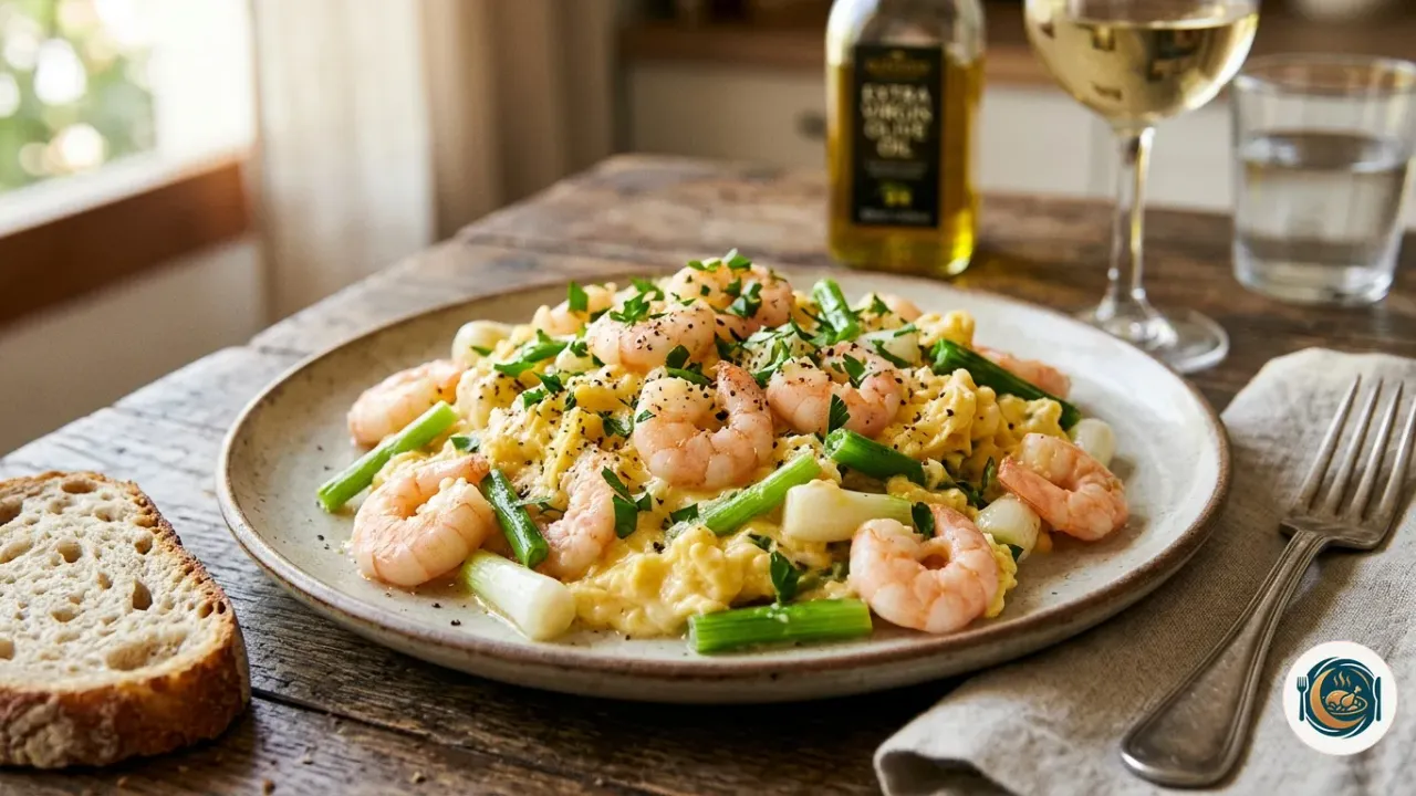 Revuelto de gambas y ajos tiernos cremoso servido en un plato con perejil picado