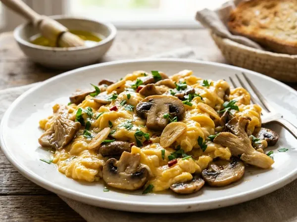 Revuelto de setas con huevo cremoso y perejil picado servido en un plato blanco