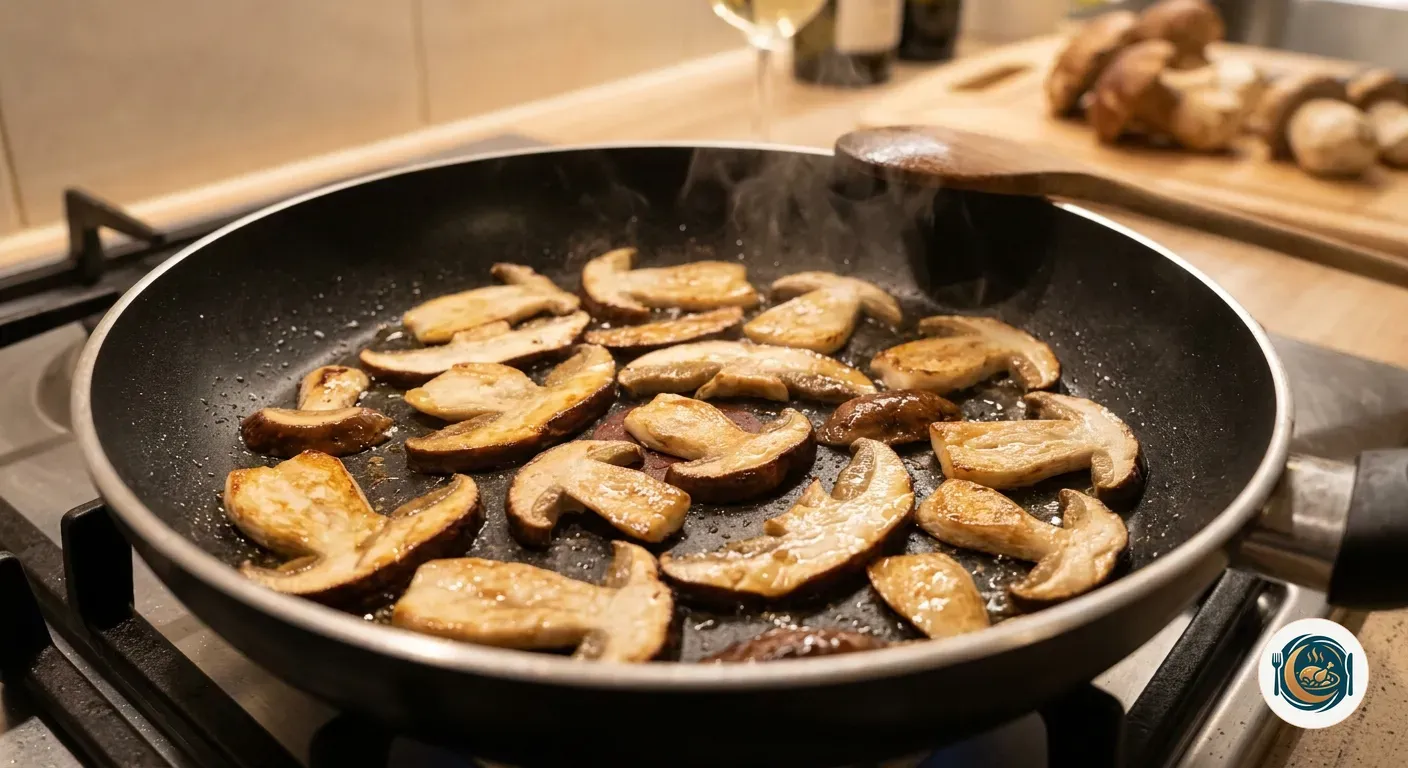 Boletus laminados dorándose en la sartén