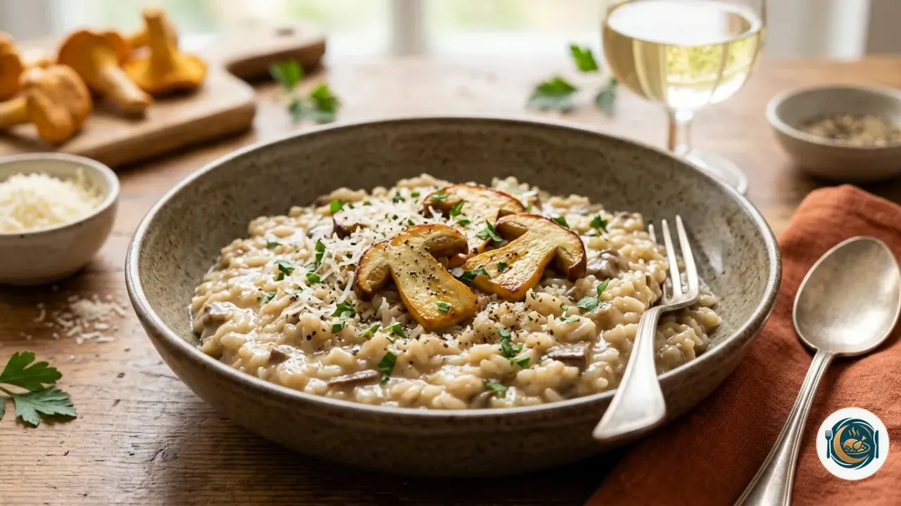 Risotto de boletus cremoso en plato hondo con láminas de seta doradas y parmesano