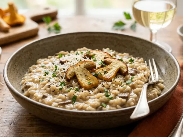 Risotto de boletus cremoso en plato hondo con láminas de seta doradas y parmesano