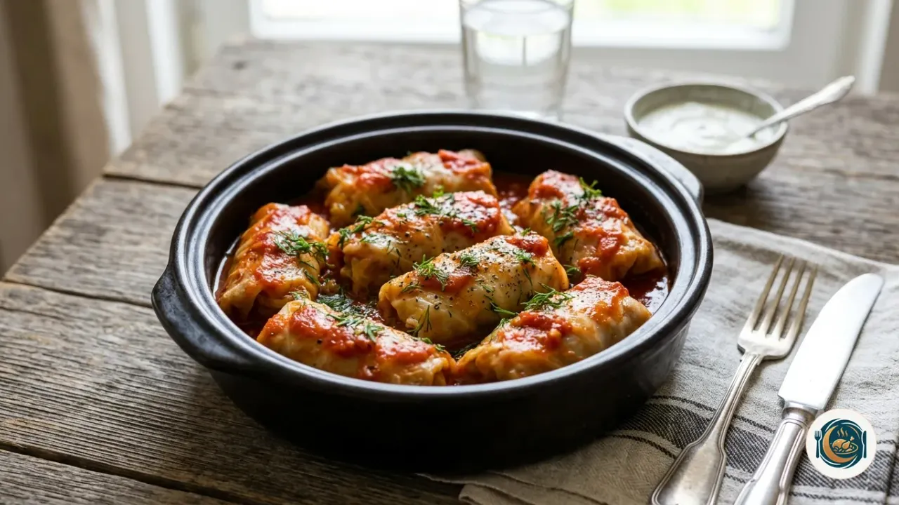 Rollitos de col rellenos de carne en una cazuela con salsa de tomate