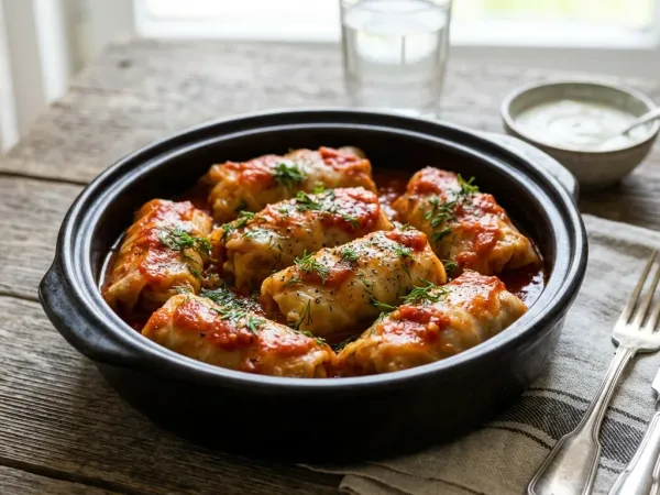 Rollitos de col rellenos de carne en una cazuela con salsa de tomate
