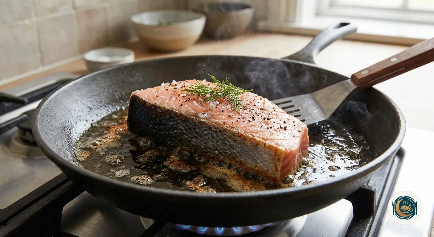 Lomo de salmón a la plancha con la piel hacia abajo dorándose en una sartén caliente