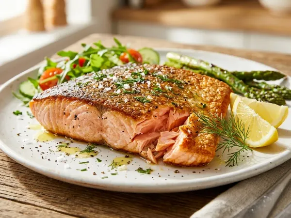 Lomo de salmón a la plancha con la piel crujiente, gajos de limón y eneldo en un plato