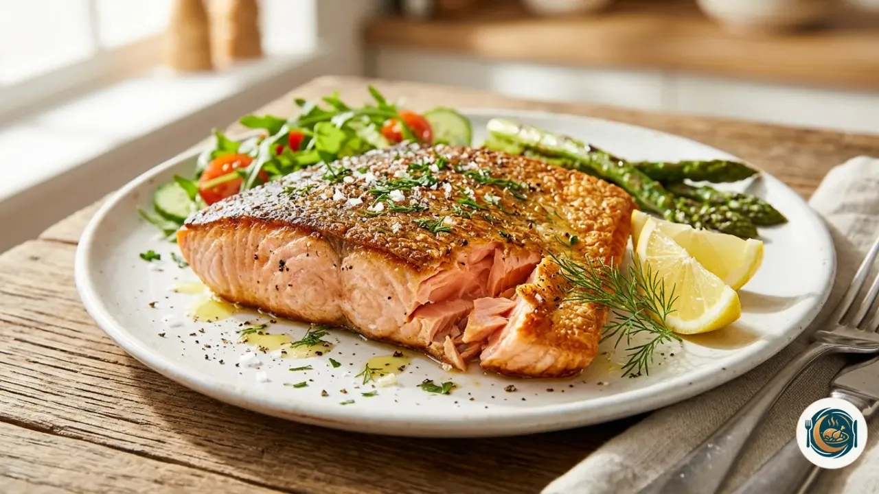 Lomo de salmón a la plancha con la piel crujiente, gajos de limón y eneldo en un plato