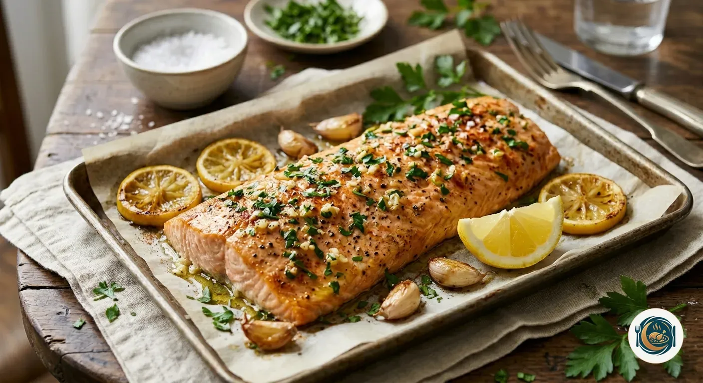Salmón al horno dorado en una bandeja con limón, ajo y perejil