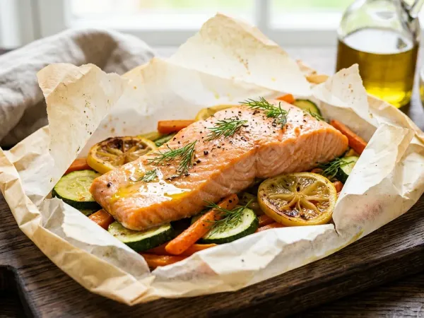 Lomo de salmón al horno en papillote abierto con verduras y limón