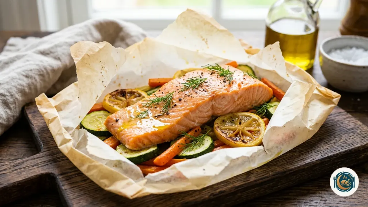 Lomo de salmón al horno en papillote abierto con verduras y limón