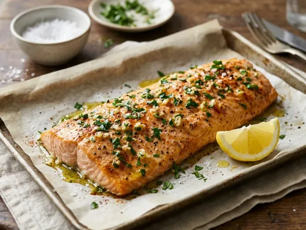 Lomo de salmón al horno dorado con ajo, perejil y un gajo de limón en una bandeja