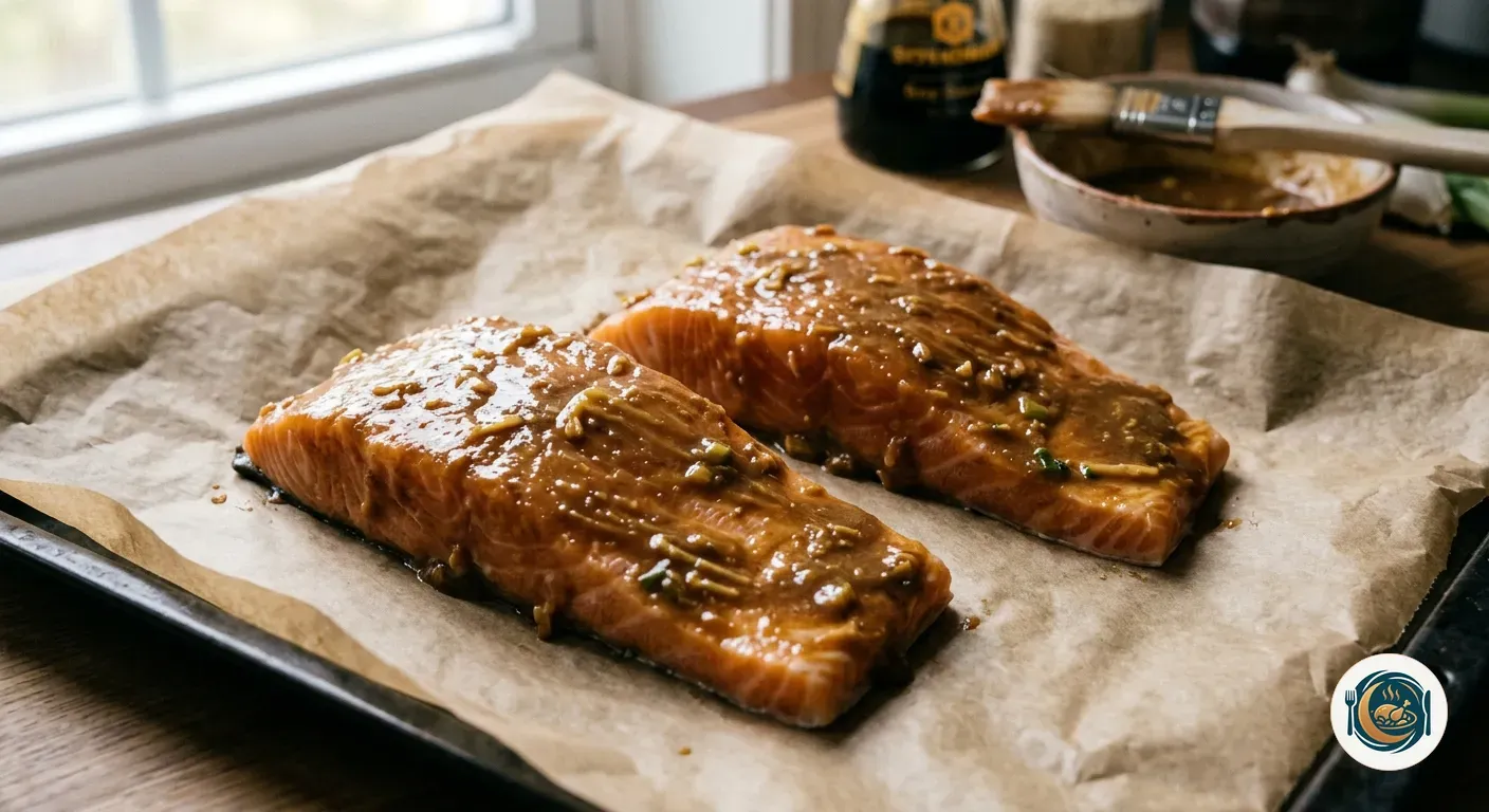 Lomos de salmón pintados con glaseado de miso sobre papel de horno