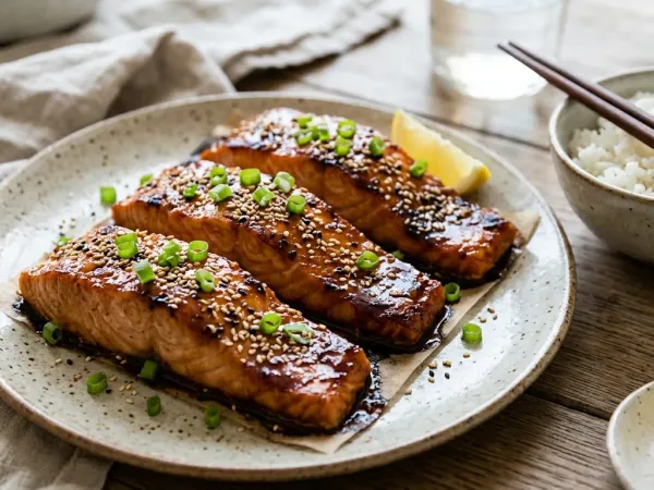 Lomos de salmón glaseados con miso brillante y semillas de sésamo sobre una bandeja