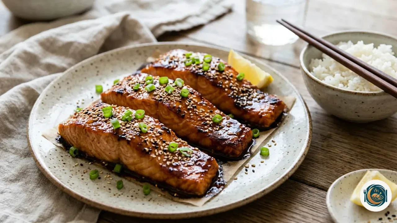 Lomos de salmón glaseados con miso brillante y semillas de sésamo sobre una bandeja