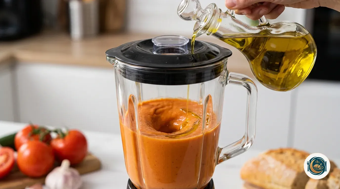 Salmorejo emulsionándose en la batidora con un hilo de aceite de oliva