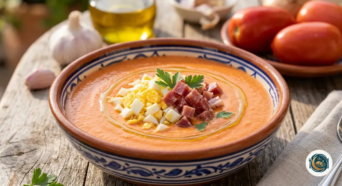 Cuenco de salmorejo cordobés coronado con huevo cocido y jamón serrano