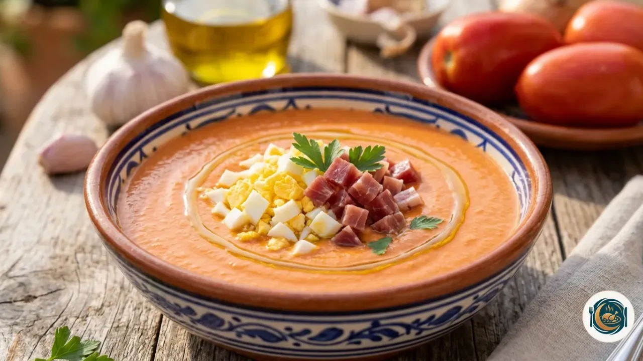 Cuenco de salmorejo cordobés con huevo cocido y taquitos de jamón