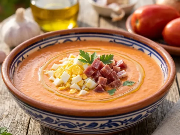 Cuenco de salmorejo cordobés con huevo cocido y taquitos de jamón