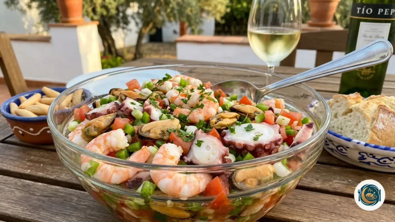 Salpicón de marisco con gambas, mejillones y pulpo en fuente de cristal