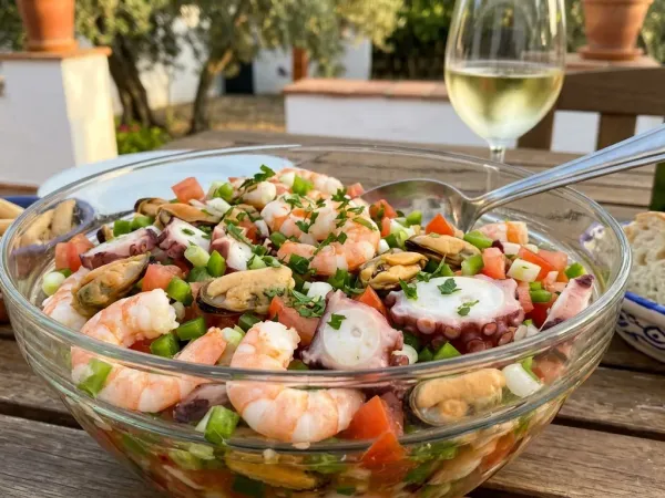 Salpicón de marisco con gambas, mejillones y pulpo en fuente de cristal