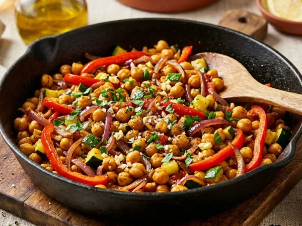 Salteado de garbanzos y verduras coloridas servido en una sartén de hierro