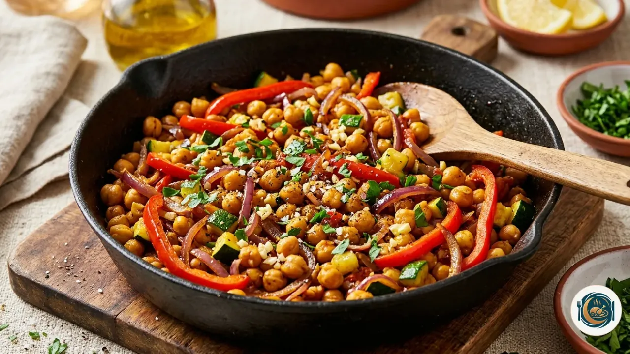 Salteado de garbanzos y verduras coloridas servido en una sartén de hierro