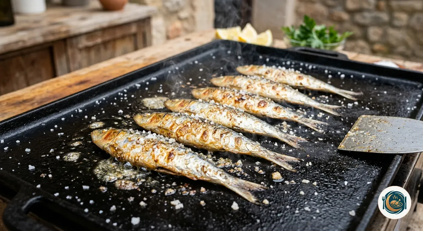 Sardinas dorándose sobre una plancha caliente con sal gruesa