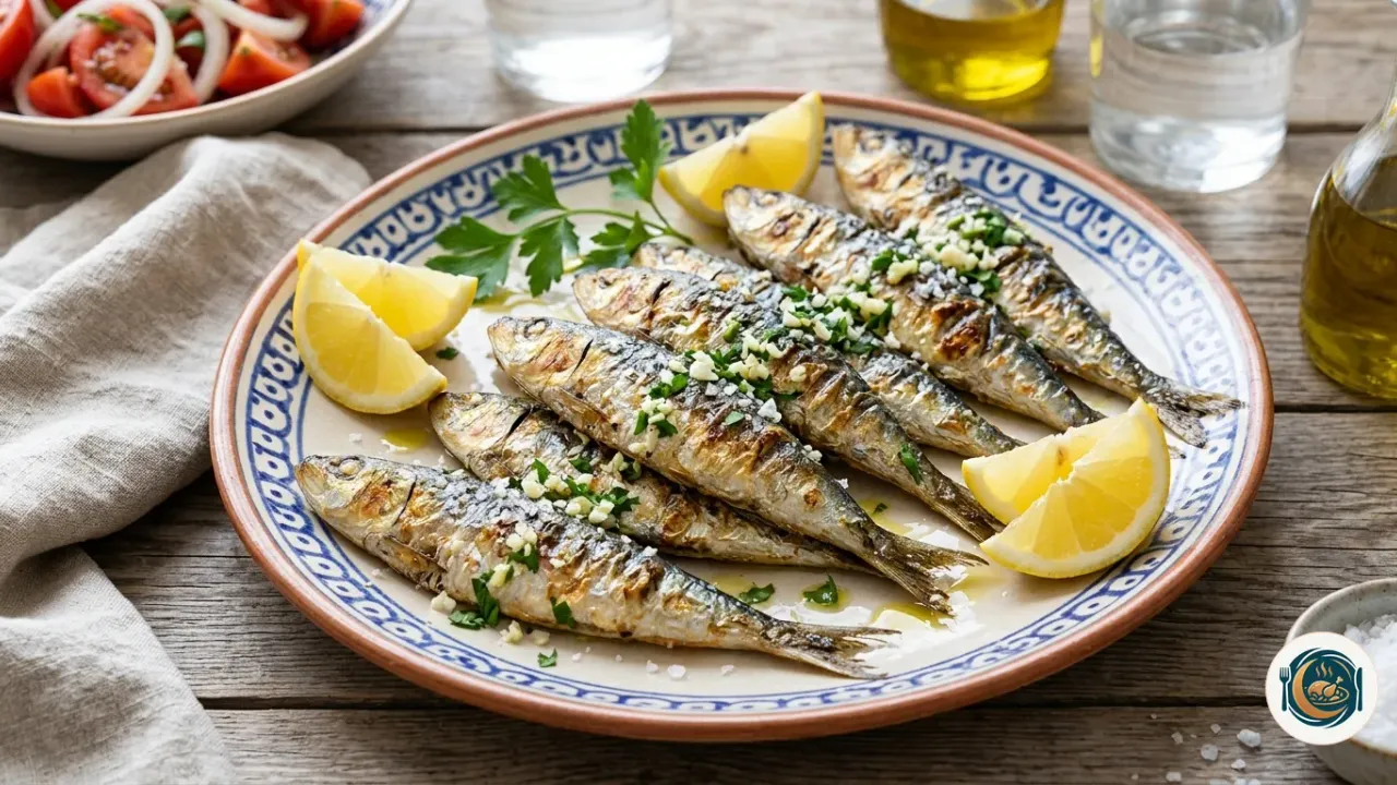 Sardinas a la plancha con la piel dorada, sal gruesa y gajos de limón