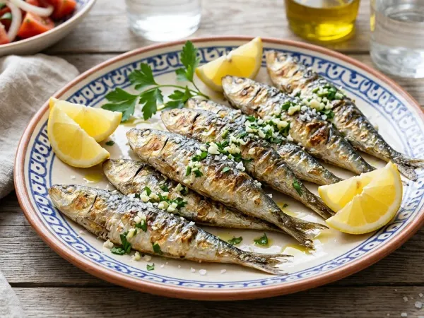 Sardinas a la plancha con la piel dorada, sal gruesa y gajos de limón